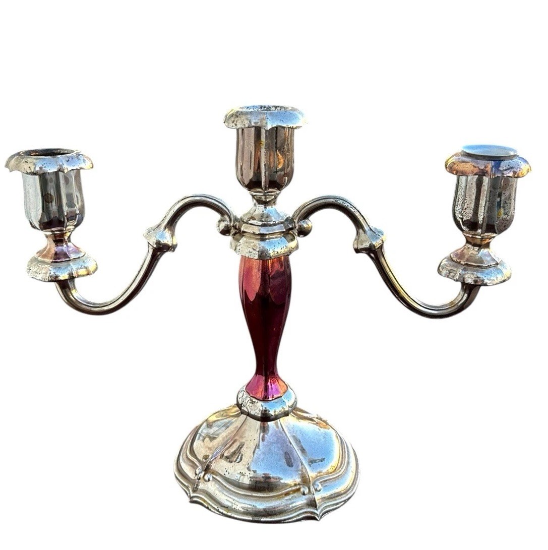 Vintage Oneida Silverplate 3 Arm Candelabra Pink Aged Finish on Silver 9.5”