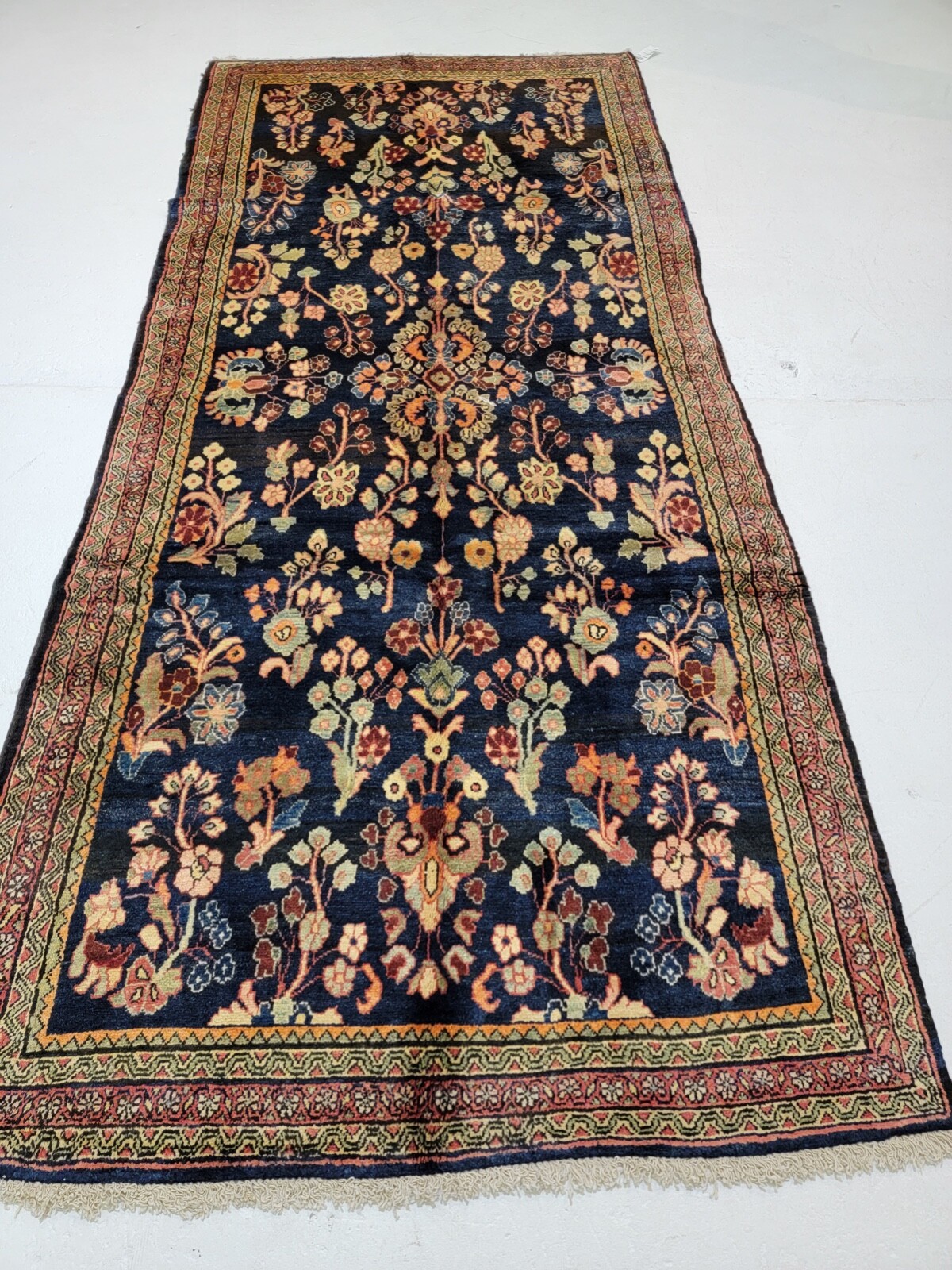 Antique Oriental Hand-Knotted Wool Area Rug Navy Blue/Green/Beige 4’6″ x 9’10”