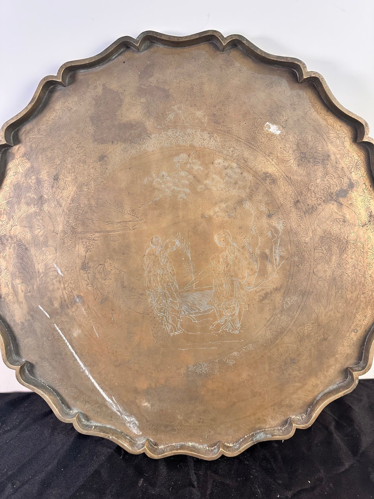 Antique Heavy Early 20C Chinese Engraved People Brass Tray Tea Opium Asian Tray