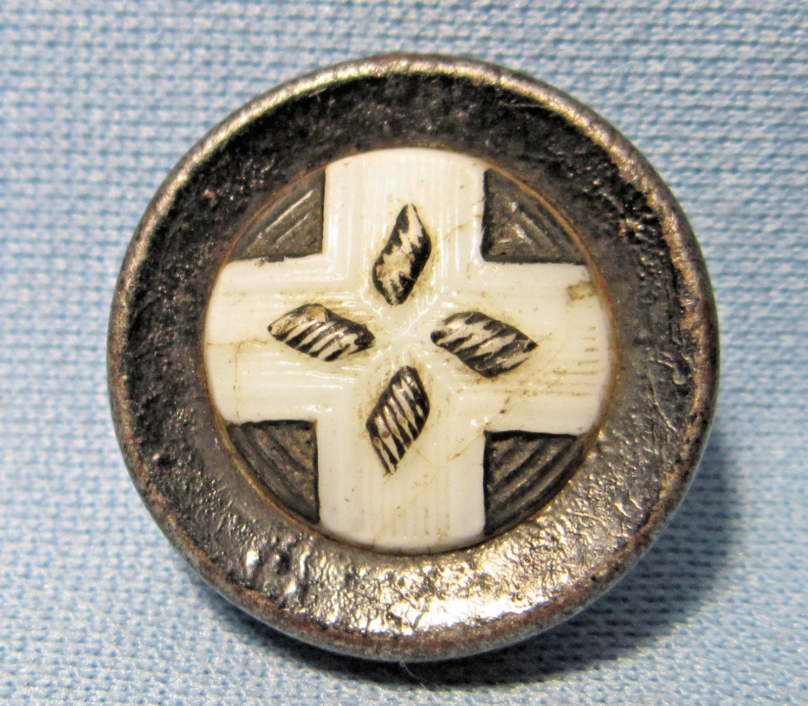 Amazing Christian CROSS Button ~ Molded White Glass on Painted Stamped Metal