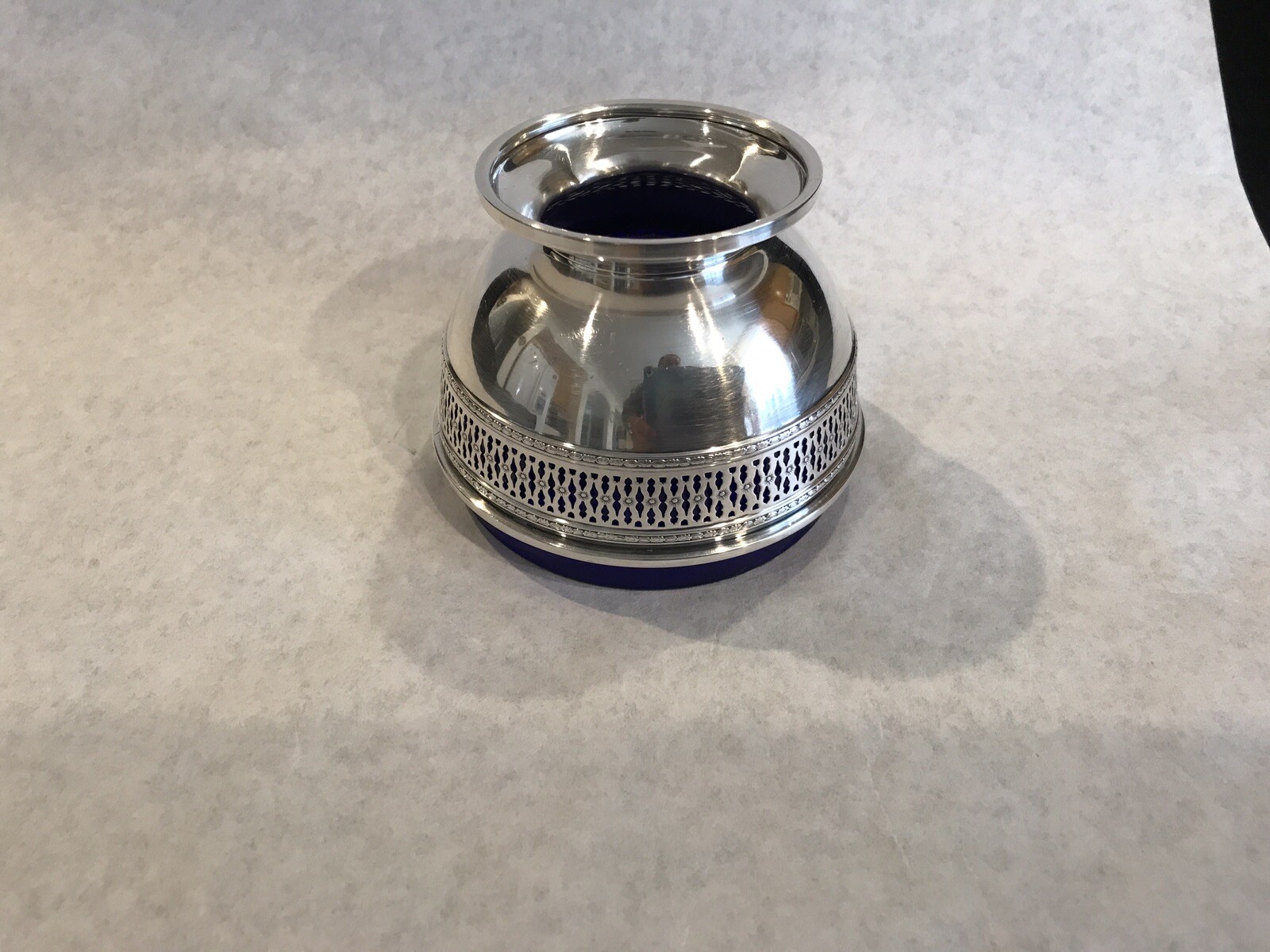 wallace Sterling Silver Reticulated Sugar Basket Cobalt Blue Glass Insert A404