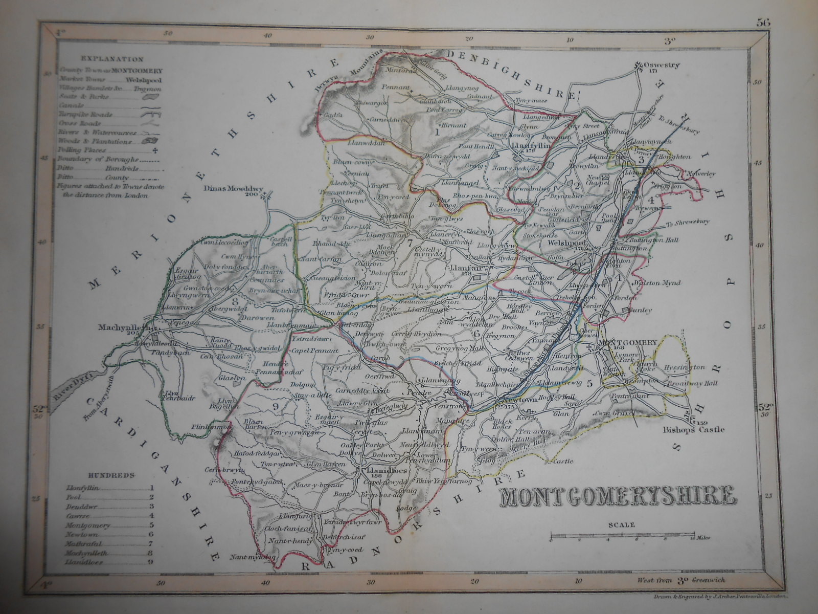 Original Antique Hand Coloured Map – Montgomeryshire (North Wales) c1850s/Archer
