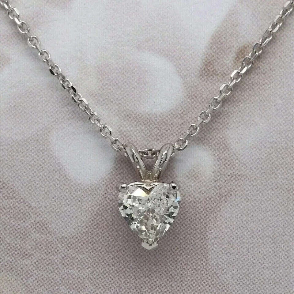 Women Solitaire Pendant 14K White Gold Plated 1Ct Heart Cut Lab Created Diamond