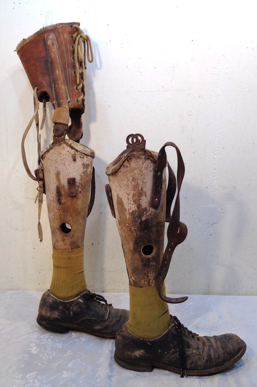 2 VTG Antique Prosthetic Leg Wood Leather Oddities Unique Medical Curiosity Pair