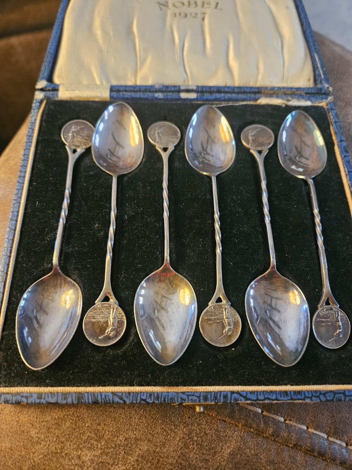 Antique Silver Six 6 Clay Shooting Spoons Nobel 1927 in Case