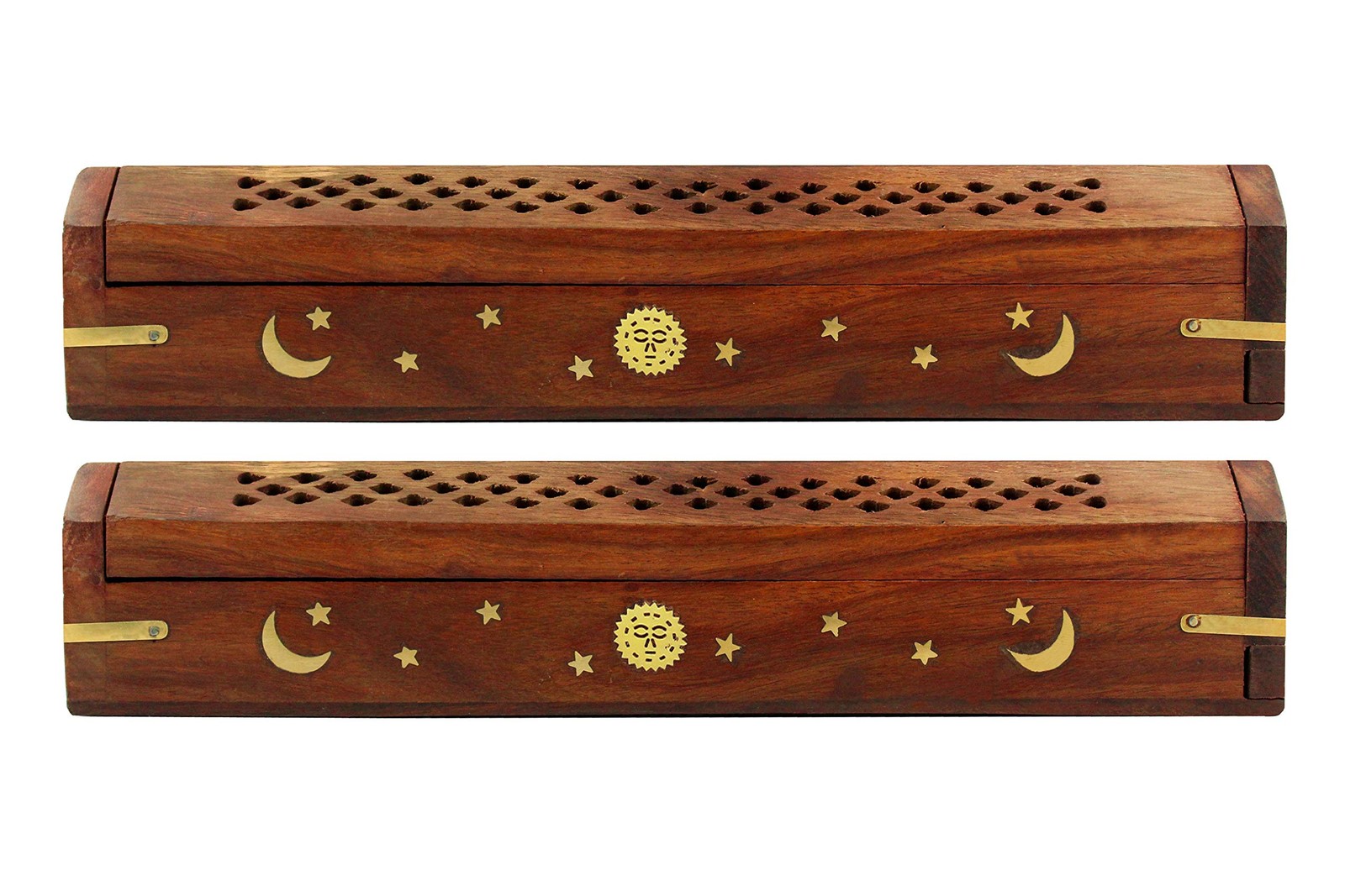 Sheesham Wood Incense Burner Holder – Set of 2 Coffin Style Sun Moon Inlay Handm