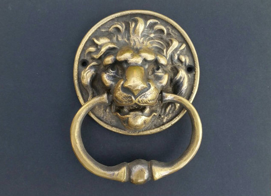 Lg. Unique Antique Vintage Style Brass Lion Head Door Knocker, Towel Ring 6″ #D6