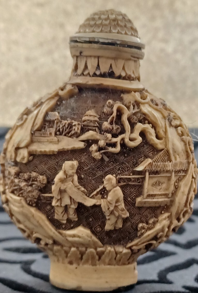 Snuff Bottle, Intricately Hand Carved Chinese Orange/Red/Cream ,Asian Antique