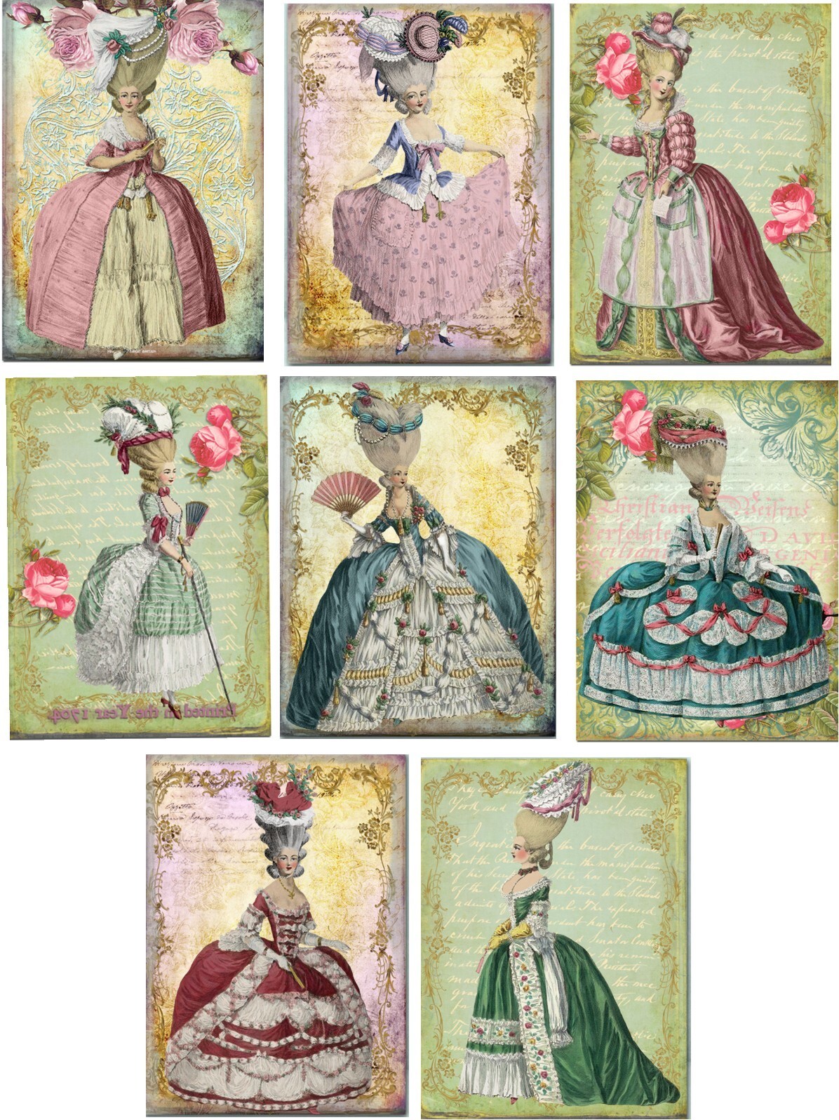 8 ATC Vintage Victorian Marie Antoinette fashion glossy small fold out card