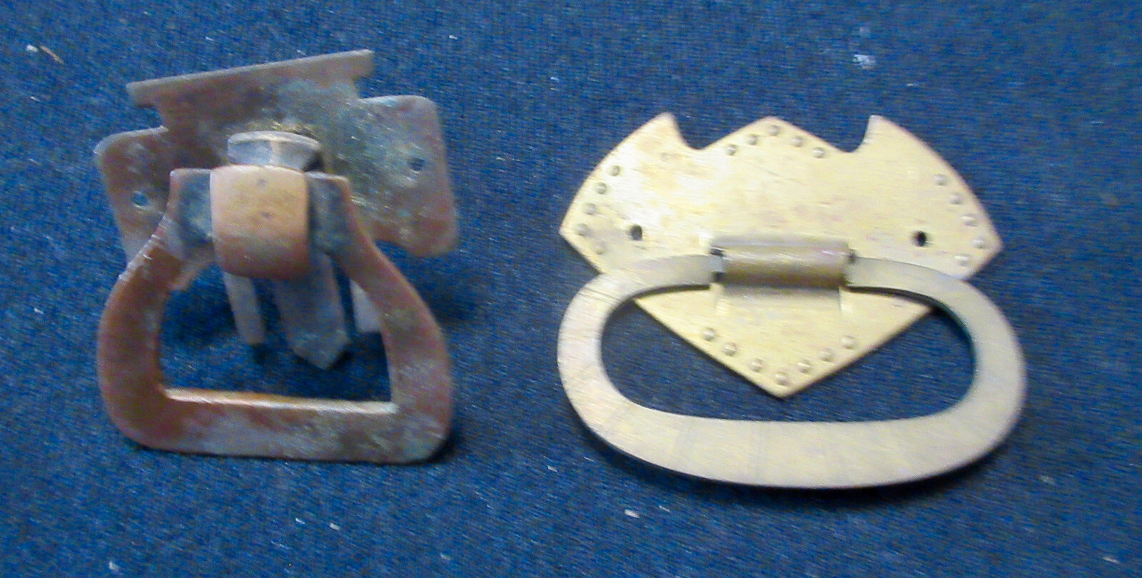 2 DROP DRAWER PULLS 1 BRASS, MULTI SHAPED, 2″ WIDE #402
