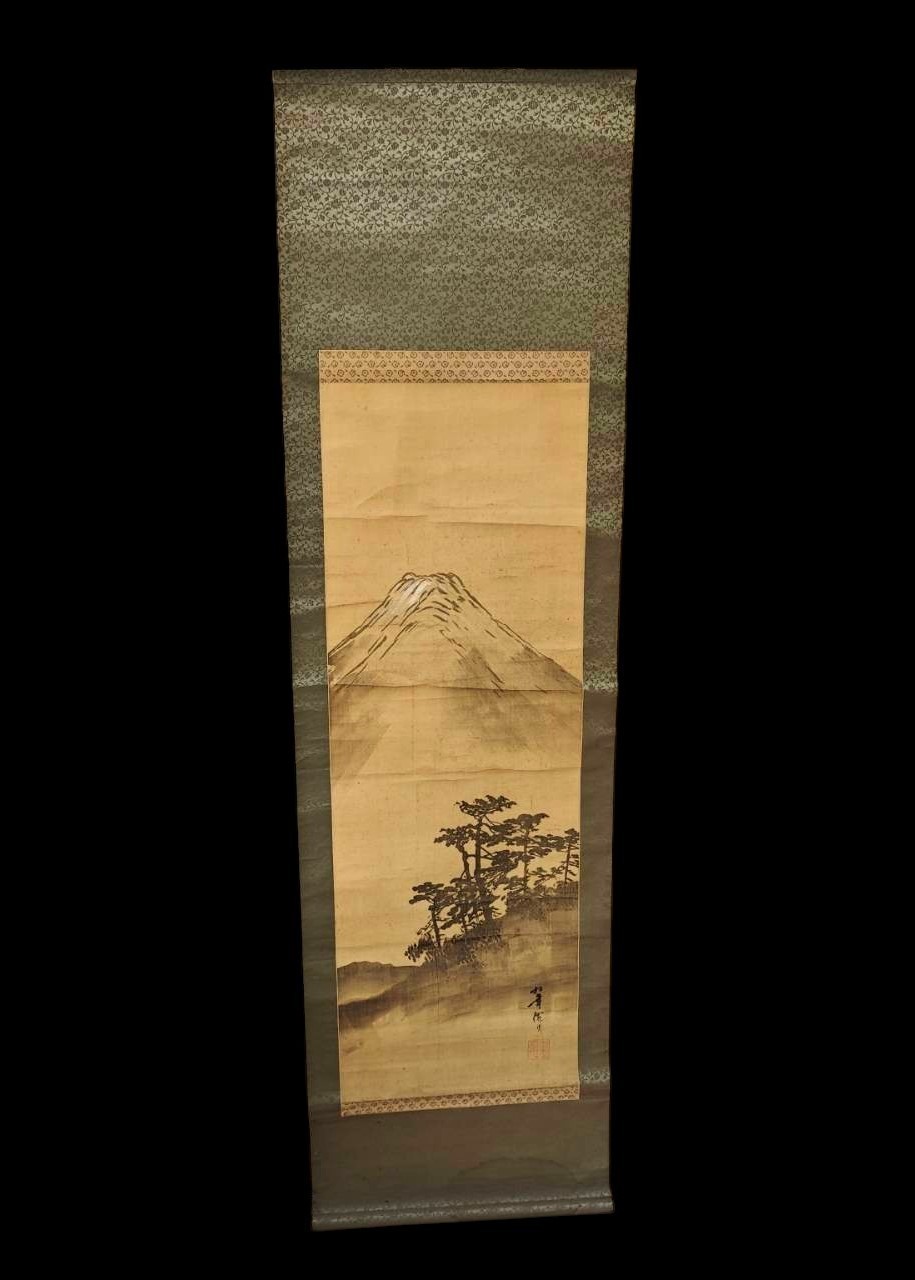 Antique Japanese Hanging Scroll Kakejiku Painting Mt Fuji & Pine Trees Signed