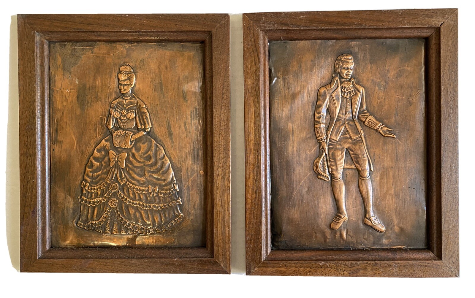 Rare 2 Vintage Copper Embossed Colonial Couple Pictures Handmade Wood Frames