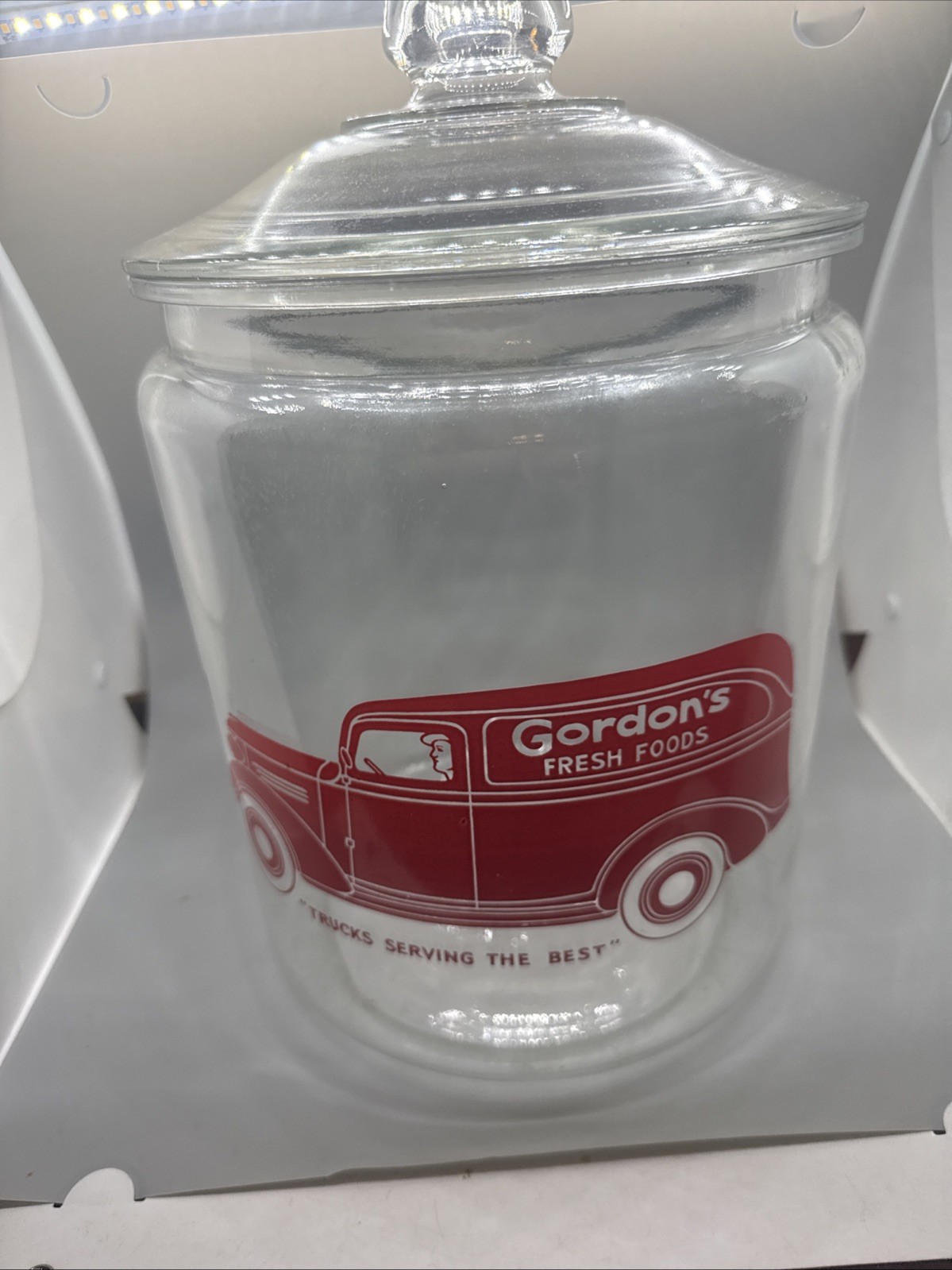 Antique Gordons Truck Glass Canister with glass Lid from 1940