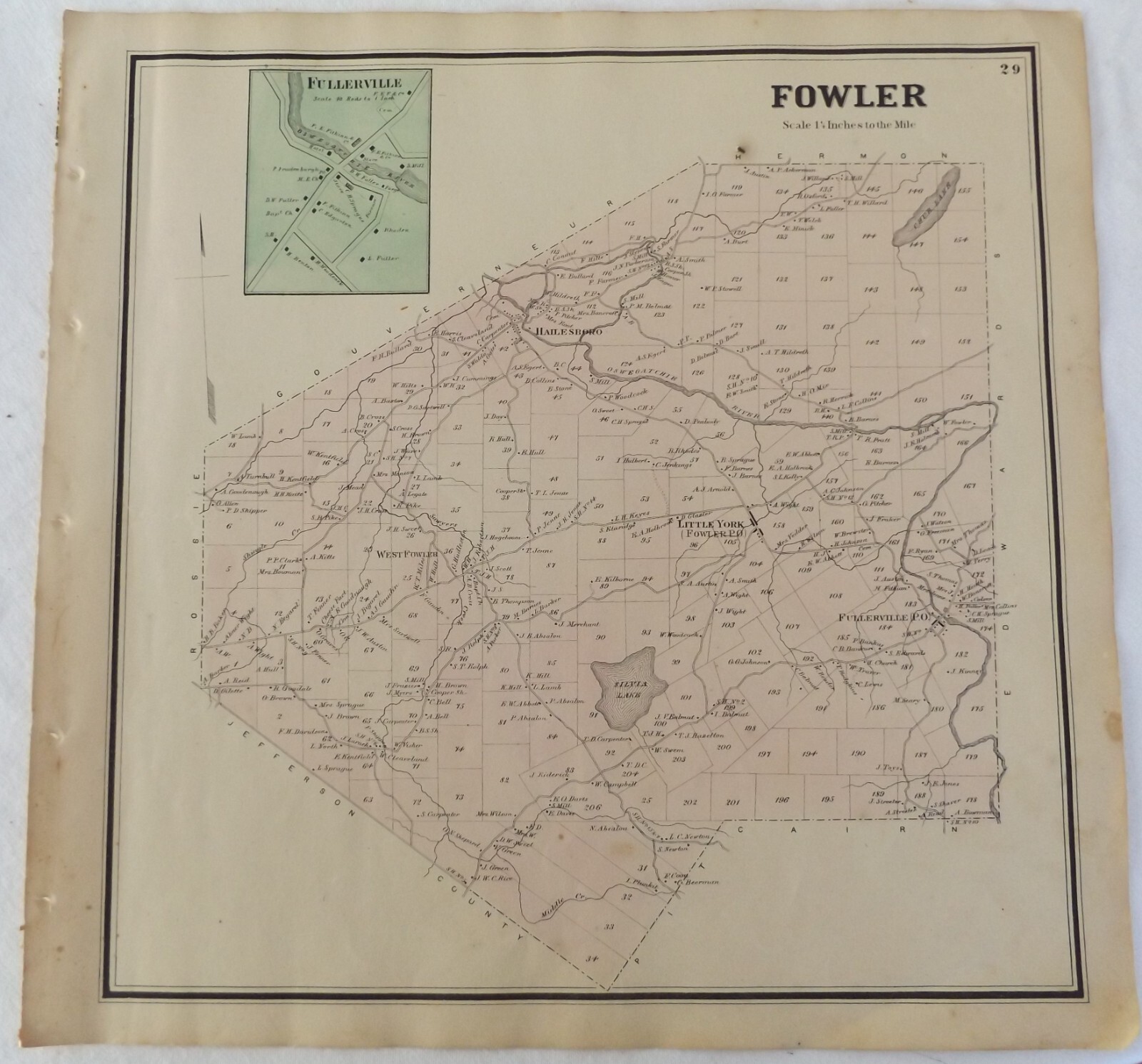 1865 NY St Lawrence Co Town Fowler Village Fullerville Sylvia Lake Antique Map