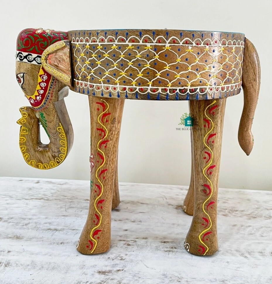Indian Wooden Hand Painted Elephant Stool Home Decor Stool Kid Stool Small Decor