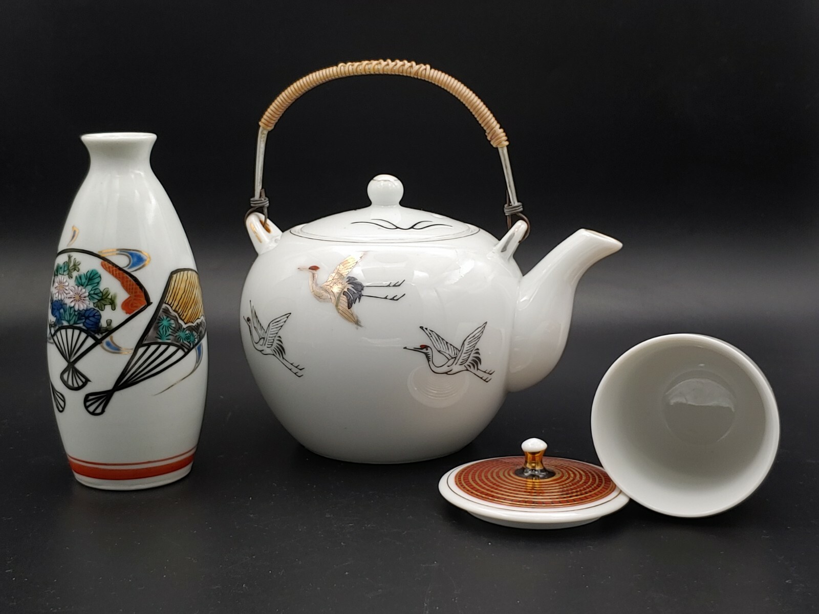 民国三贵手绘仙鹤茶壶九谷烧瓷器 Antique China Teapot Japan Kutani Porcelain Cup Sake Wine Bottle