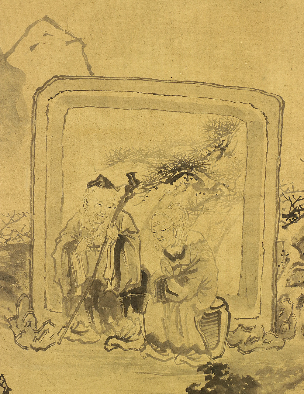 曾我蕭白 Soga Shohaku Large hanging scroll Clown who entertains old couple Box W405