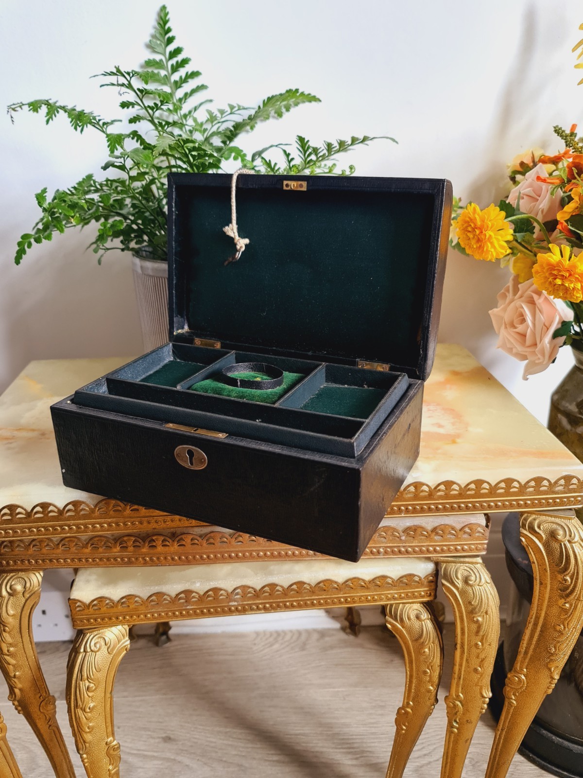 Antique Leather Trim Box Jewellery Trinket Case Victorian Black with Key