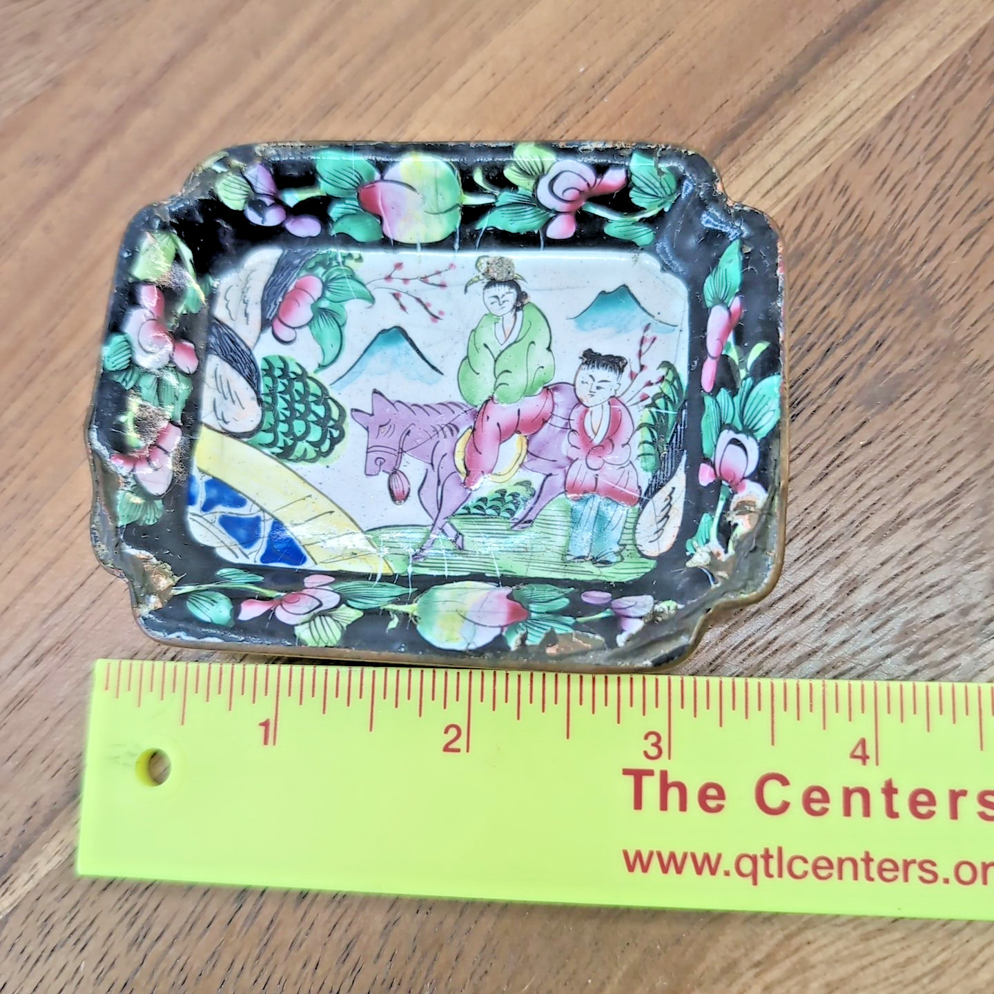 Antique Canton Enamel Tray Trinket Dish – Hand Painted Asian Scene, 3″