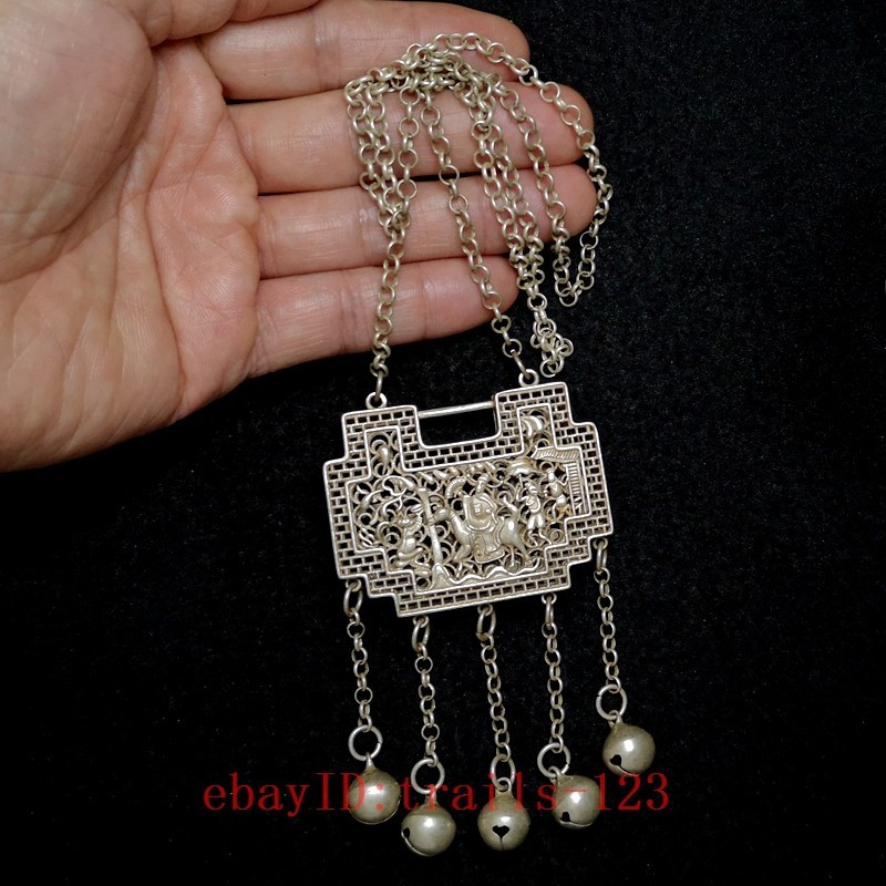 2.4 Inch Old Chinese Tibet Silver Carving Landscape People Necklace Pendant Gift