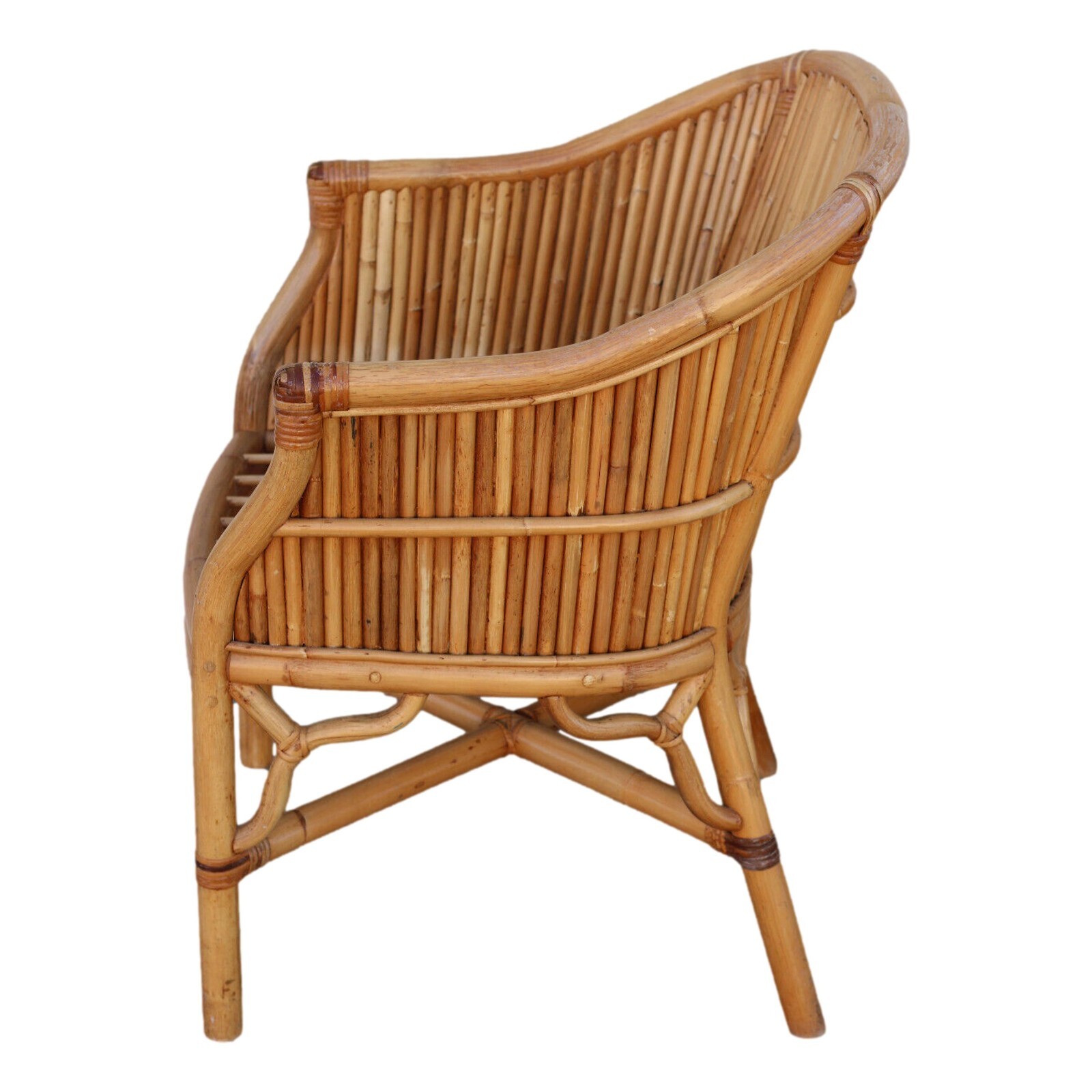 4 Split Reed Rattan Bamboo Barrel Back Dining Chairs Organic Modern w/ Fretwork