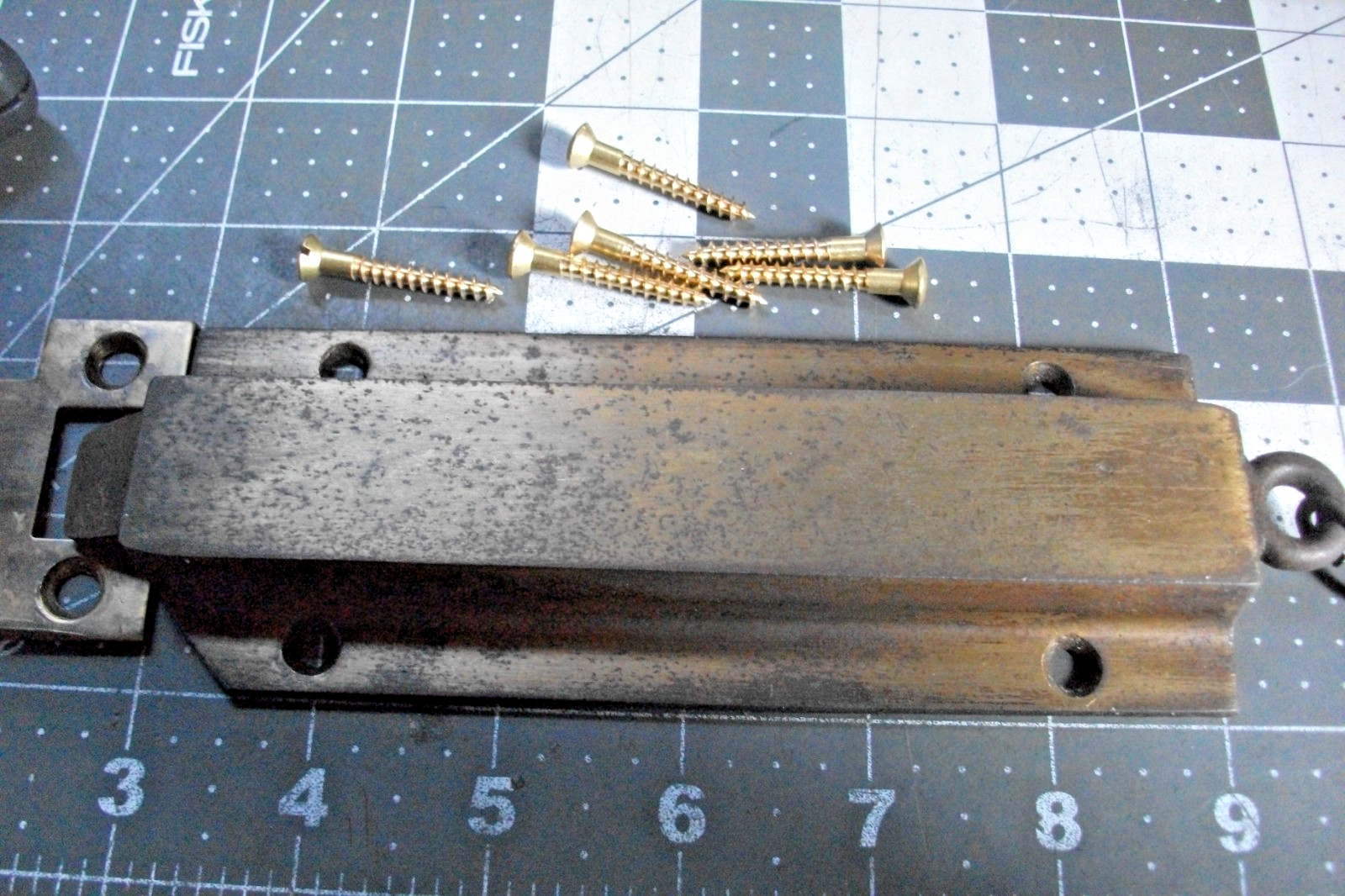 Vintage Spring Loaded Slide Bolt Surface mount Door latch with keeper & hardware