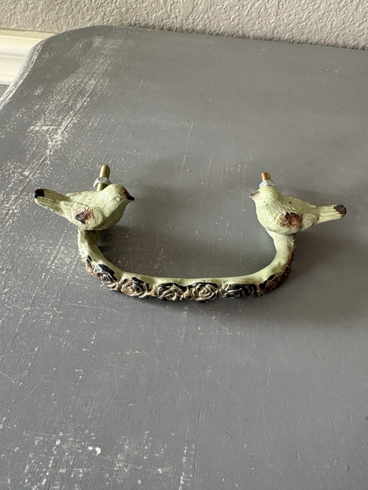 Vintage Bird Branch Drawer Handle/Pull Green Distressed Metal Cottage Farmhouse