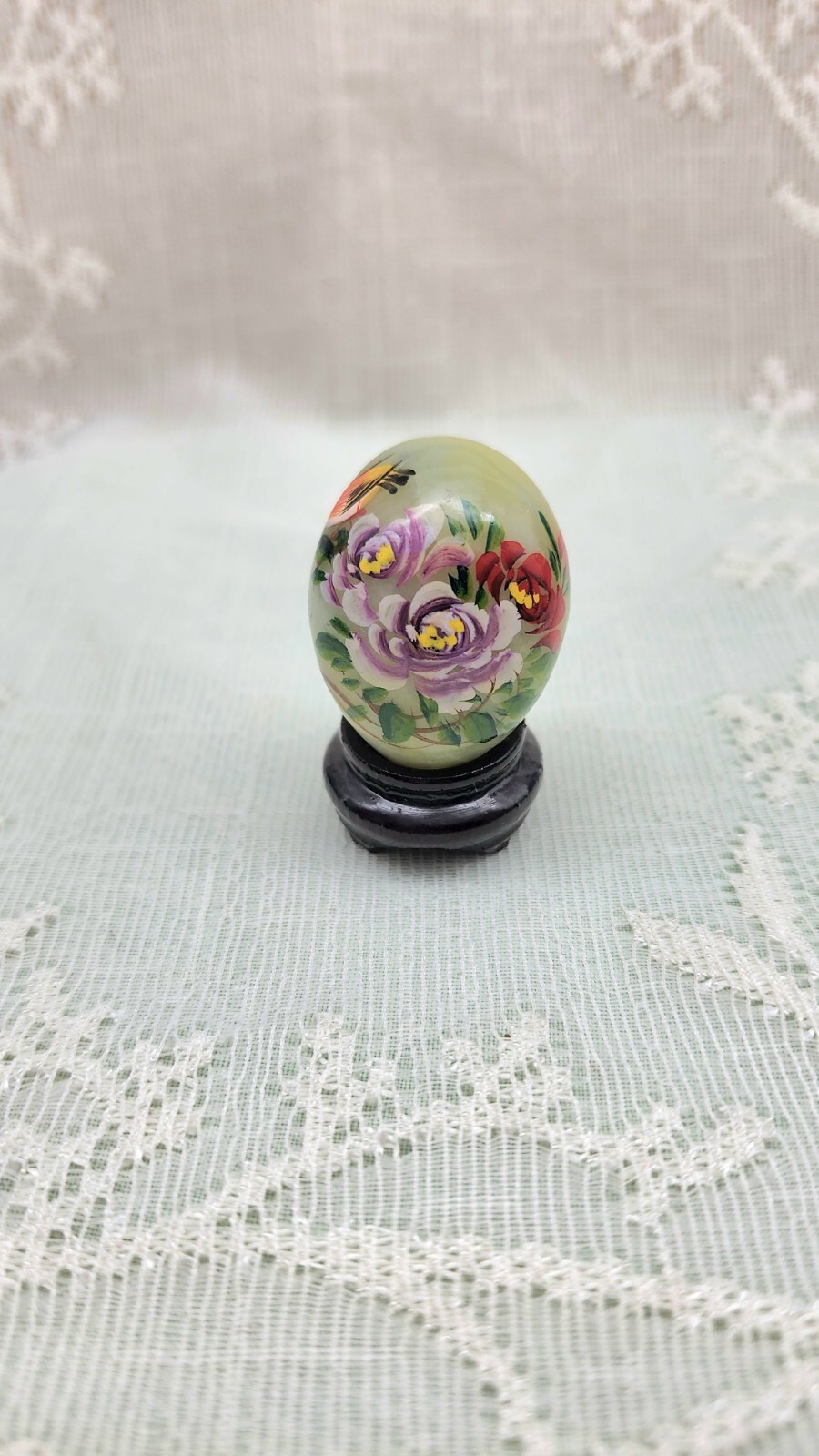 Green Jade Nephrite Hand Painted Quail Egg W/Stand 1.25″