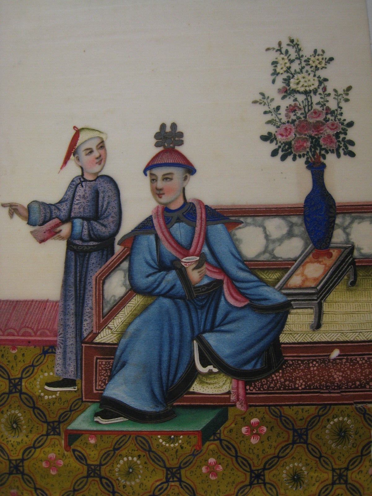 Antique 1800s Chinese Watercolor Pith Painting .. Father, Son # 04