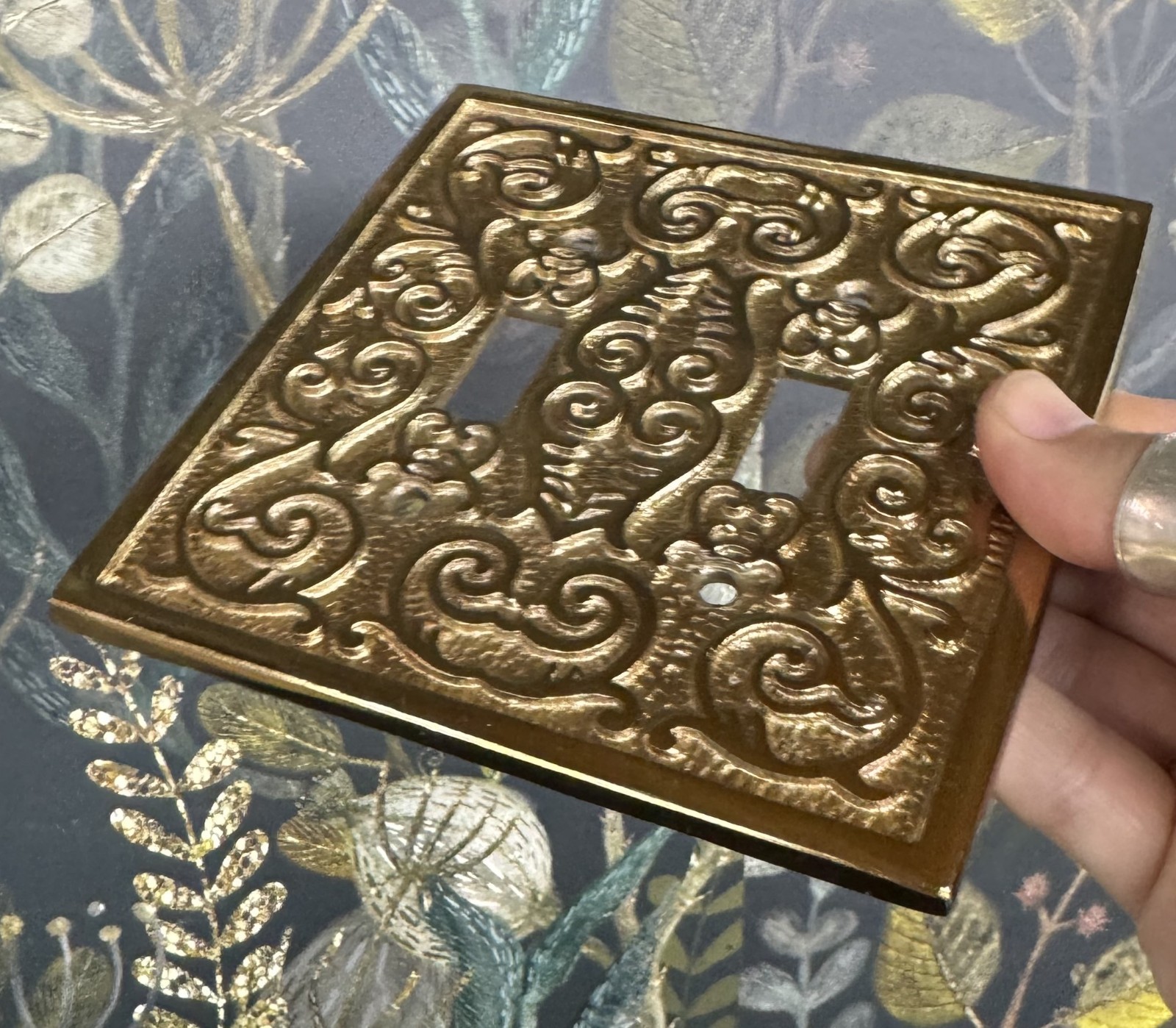 Metal Double Two 2 Toggle Light Switch Cover. Scroll Ornate wall plate Fleur DE
