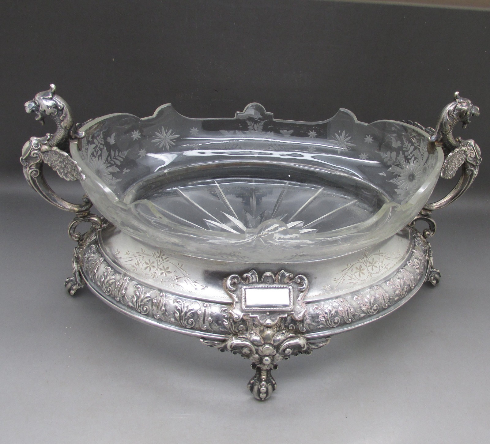 ANTIQUE LARGE SOLID SILVER & ETCHED GLASS TABLE CENTER PIECE 30CM 830g c1880