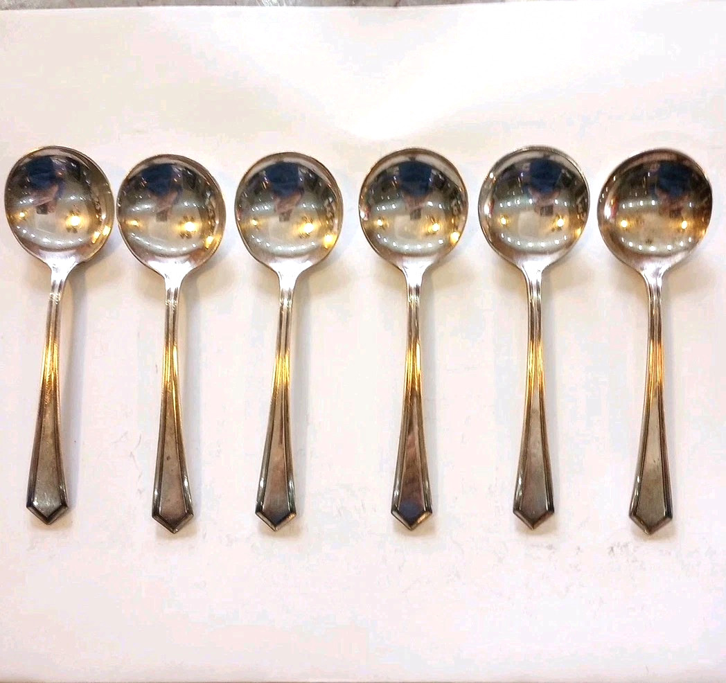 Vtg 6 Rogers Soup Bouillon Spoons 5in, Anchor Rogers Anchor AA Silverplated EUC