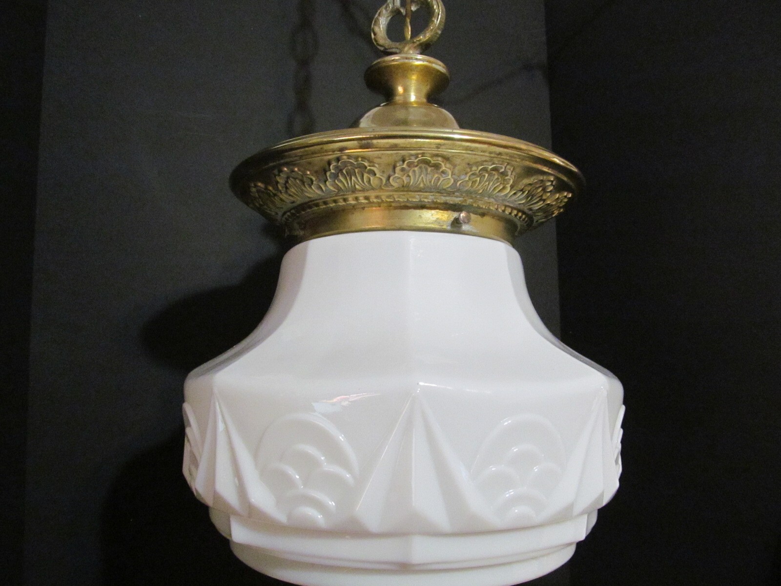 Vtg Art Deco White Milk Glass School House Hanging Glass Shade & Brass Fixture