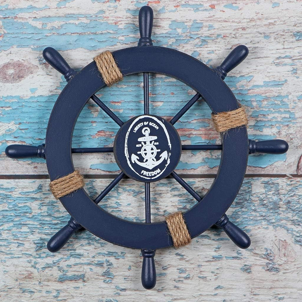 Wooden Nautical Ship Steering Wheel, Small Ship Rudder and Anchor Wall Decor Set