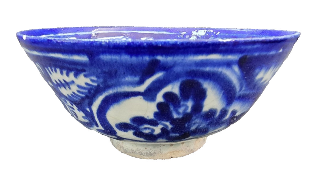 Antique Moorish Islamic Persian Cobalt Blue White Pottery Bowl 7.25″W X 3″H