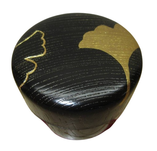 Japanese Tea Ceremony Large Natsume Lacquered Zelkova Wood Ginkgo Leaf Carving B