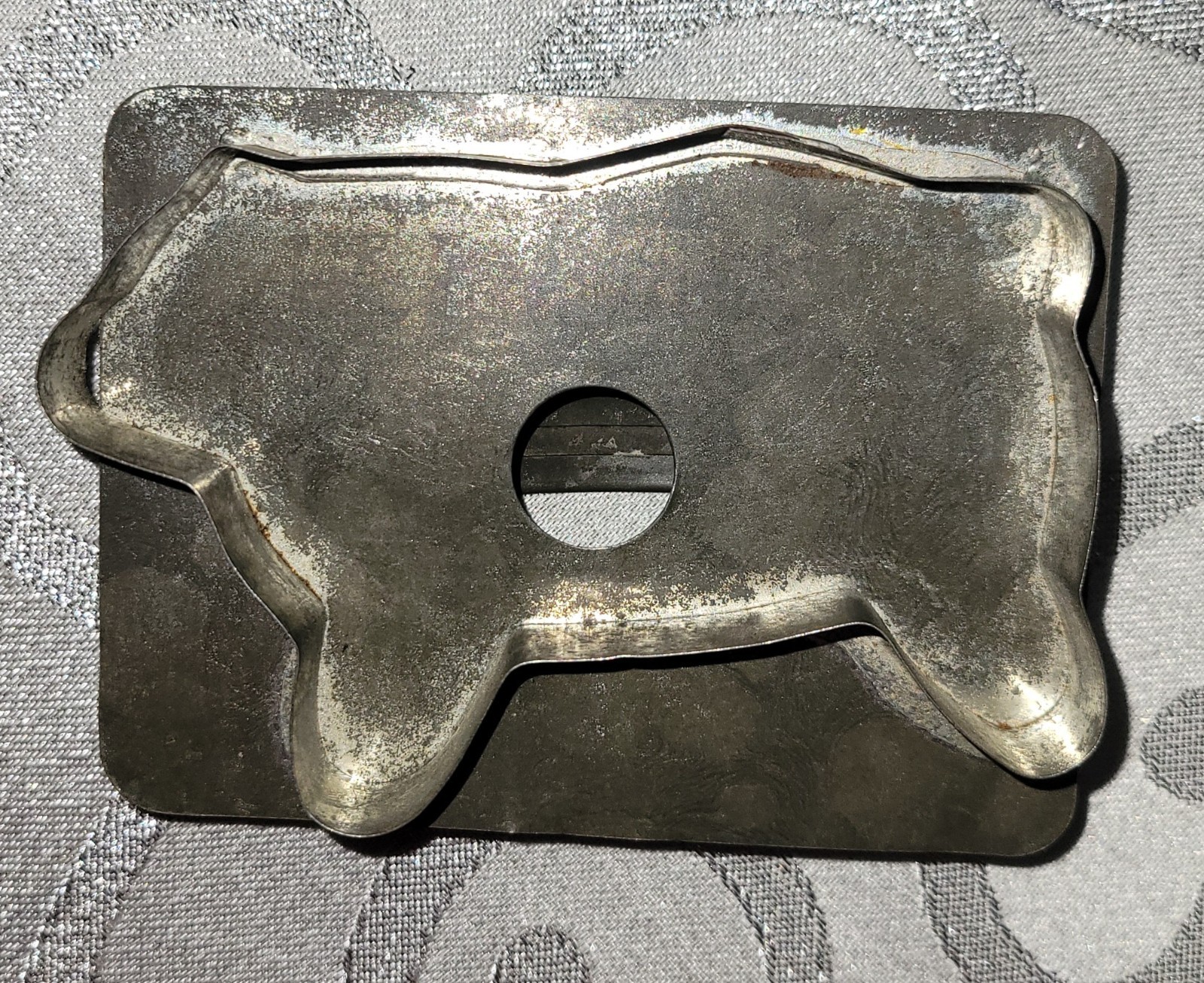 Antique Tin HandMade Folk Pig Cookie Cutter Patina Strap Back