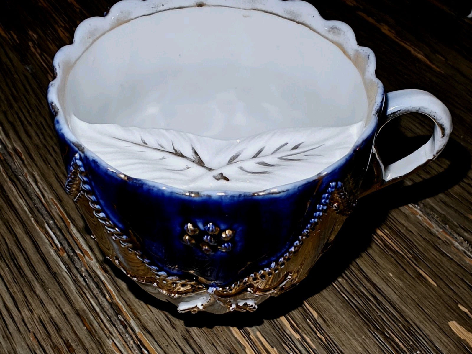 Vtg German Porcelain Embellished Mustache Cup Mug Cobalt Blue Gold Gilded Fancy