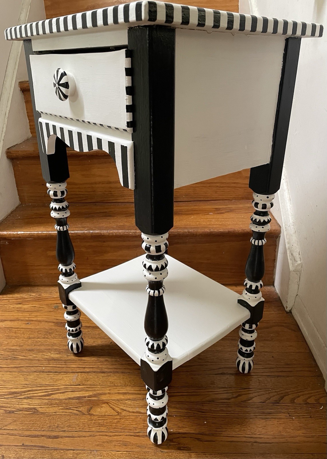 Whimsical Accent Table Side Table Hand Painted Black & White Antique
