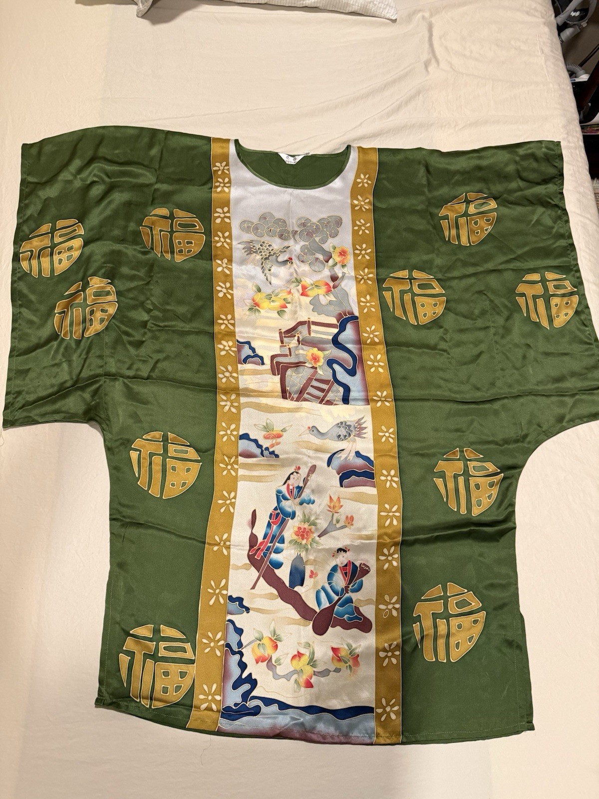 Vintage Chinese Silk Robe Fu Longevity Symbols Scenic Panel Bat Motif Kimono