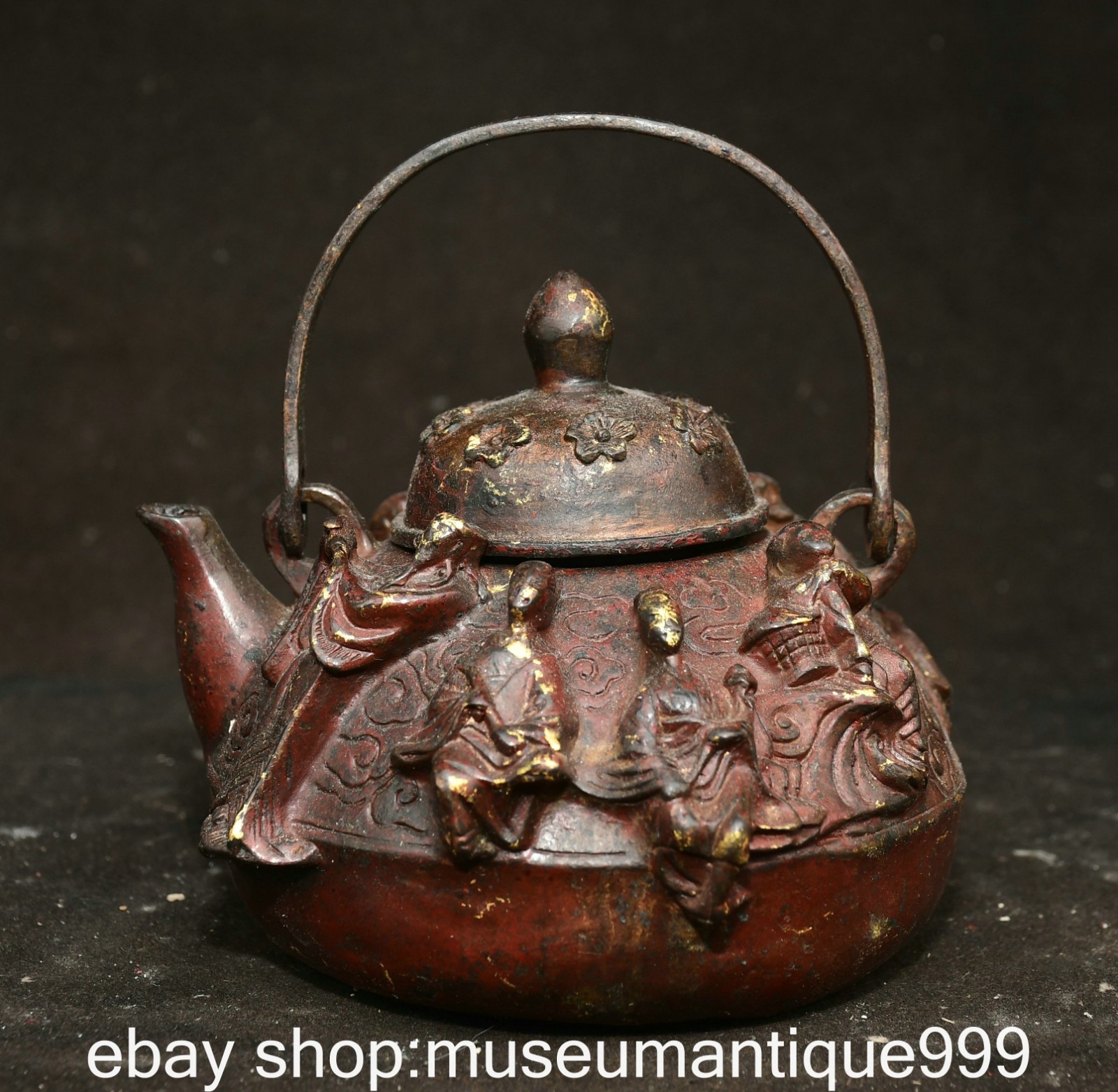 4.8″ Ming Xuande Chinese Bronze Gilt Bodhidharma People Tea Wine Pot