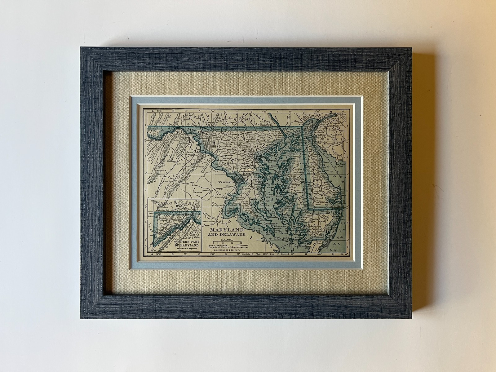 1934 “Blue” MARYLAND DELAWARE Map by C.S. Hammond, Framed/Dbl Mat SEE DESCRIP