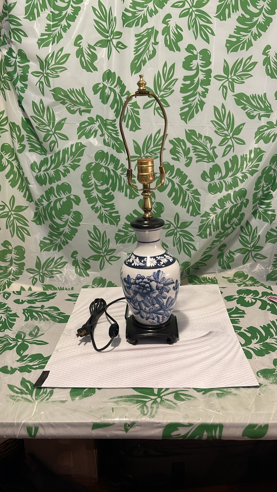 Vintage Chinese Porcelain Blue White Floral Vase Lamp 21”x6” *No Lamp Shade*