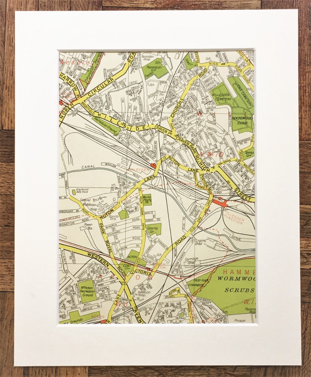 Antique 1960s London Map – Mounted – HARLESDEN WILLESDEN ACTON WORMWOOD SCRUBS