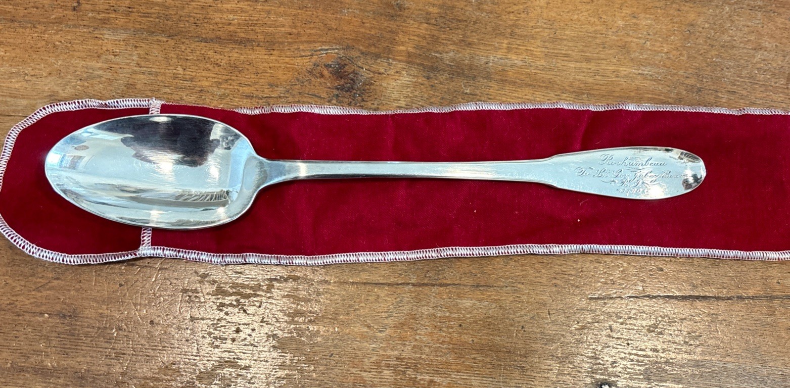 GORHAM Silverplate Serving Spoon 12.25″ ROCHAMBEAU Lt Gov JABEZ BOWEN 1780