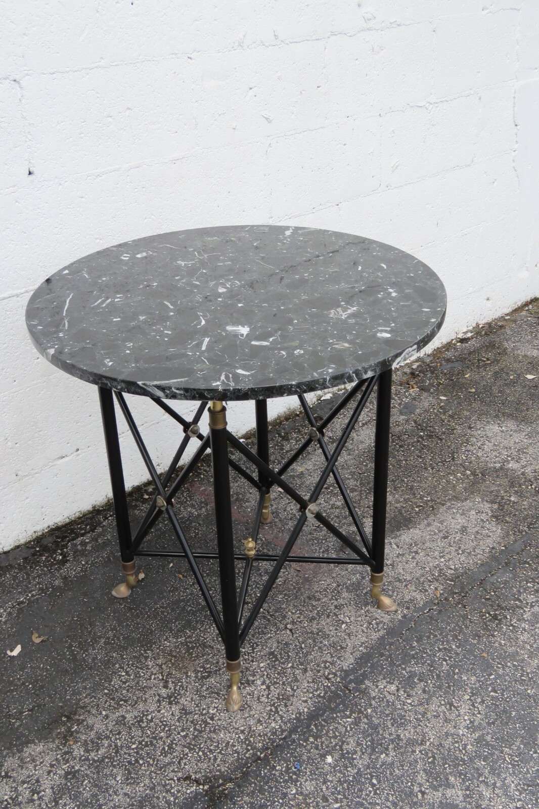 Hollywood Regency Stone Top Painted Black and Brass Metal Side Table 5327