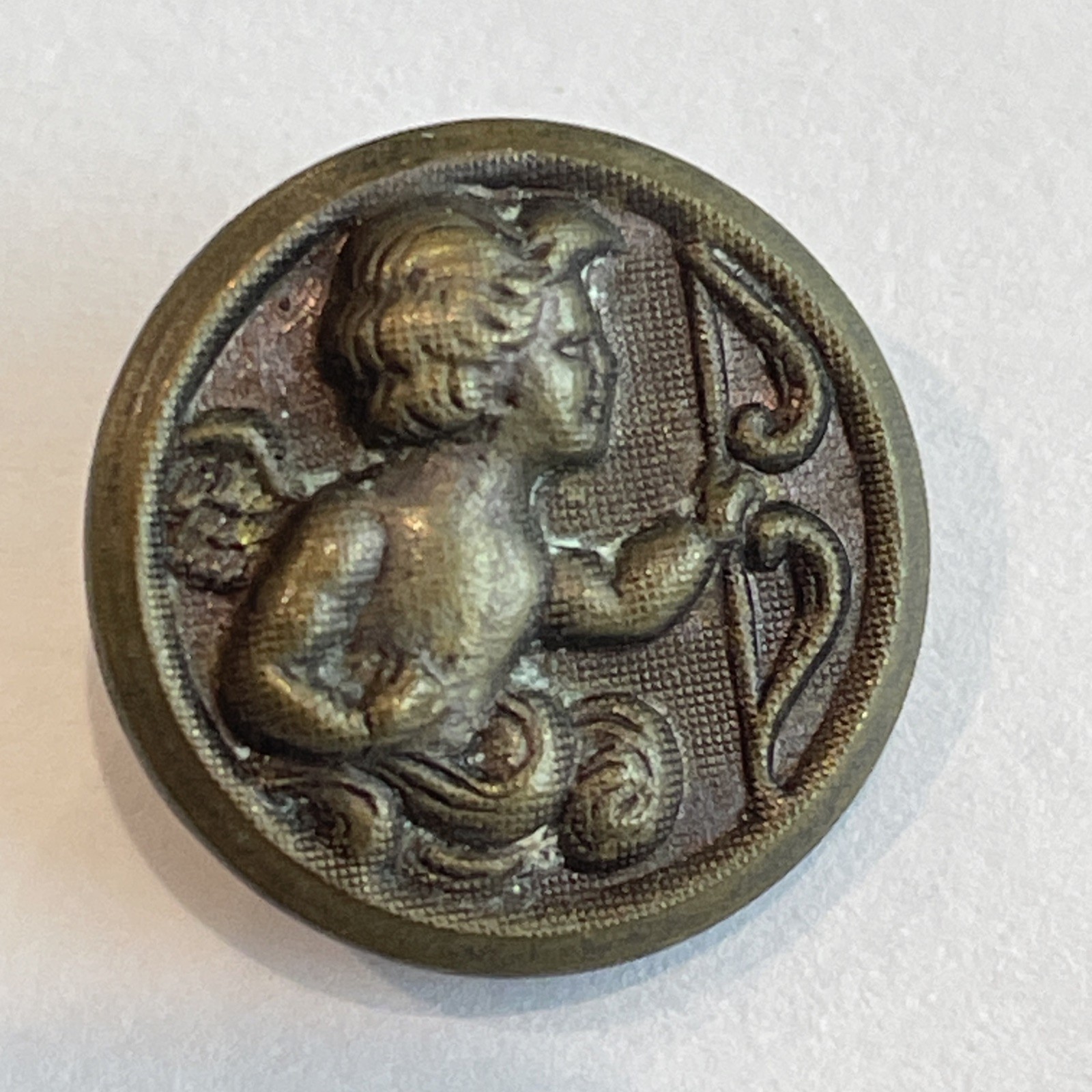 Antique Cupid With Arrow Picture Metal Button 19th C 0.64”