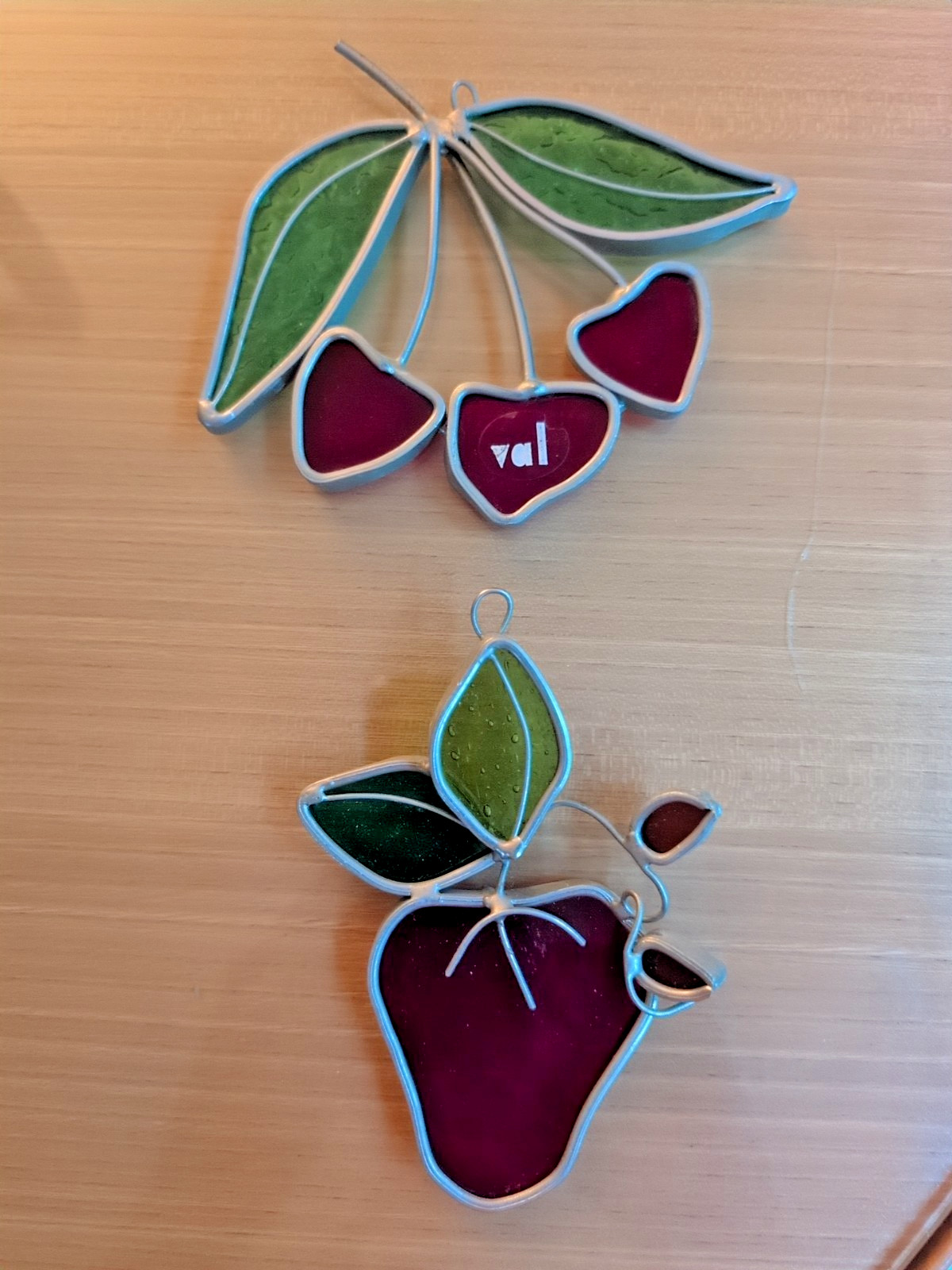 Vintage Stained Glass Cherries Strawberry Sun Catcher By VAL 4X5″ Window Hangr