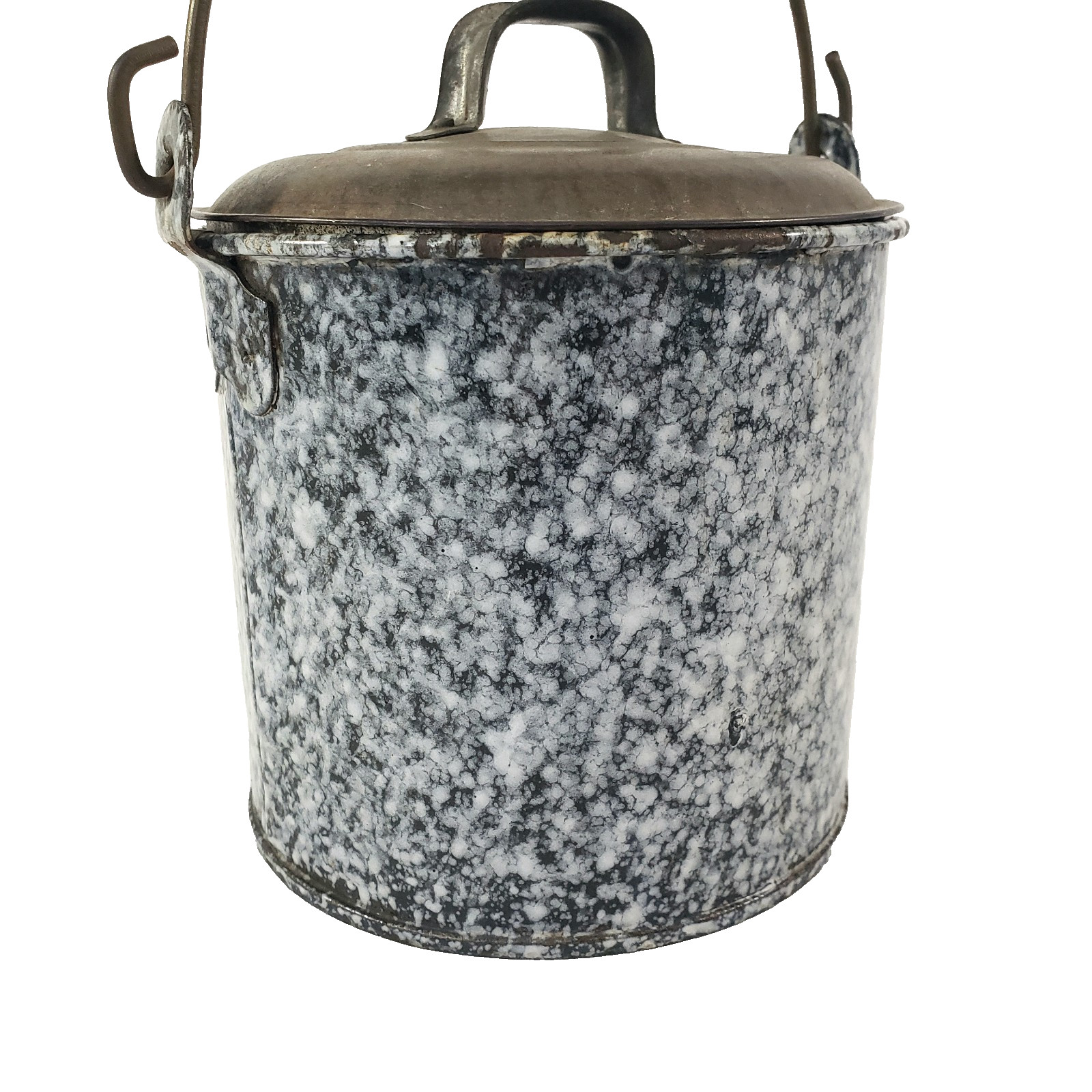 Rustic Antique Gray-Black Enamelware Berry Picking Bucket Tin Lid