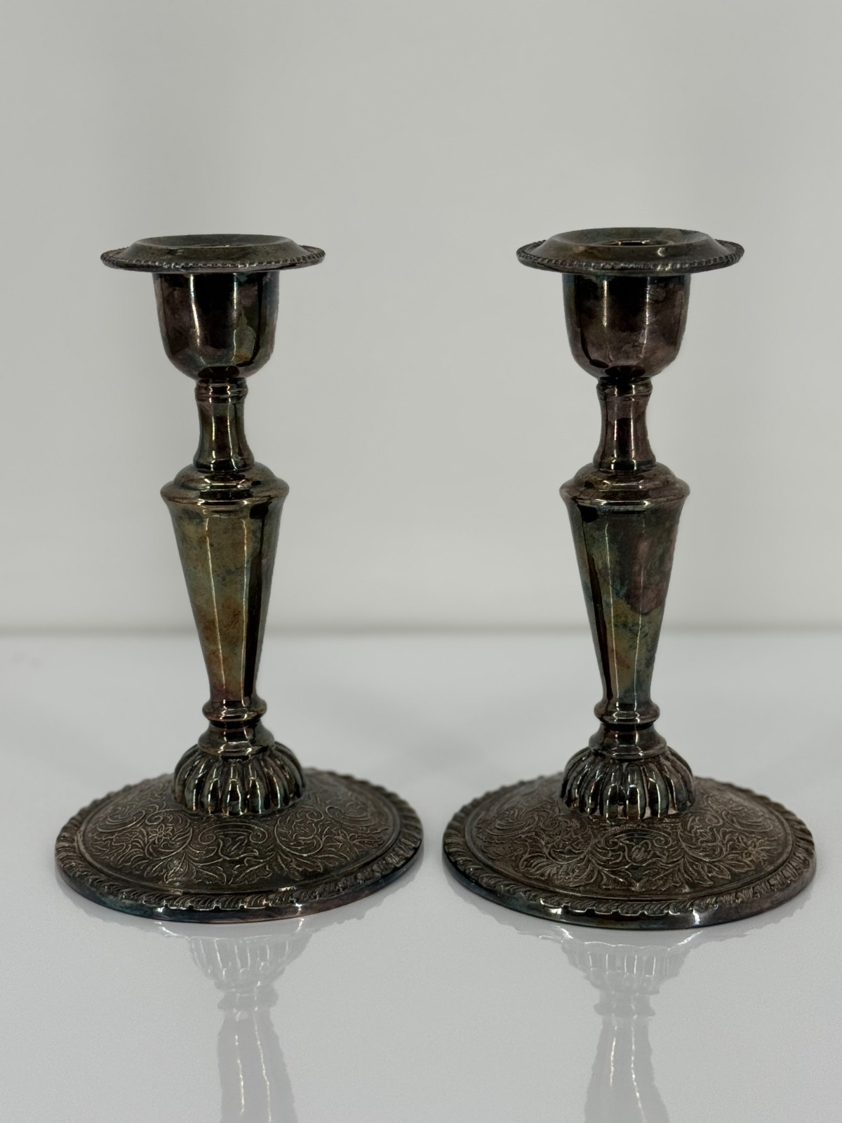 Vintage Rogers Silverplate Candlesticks Pair Made Canada Ornate Floral Base